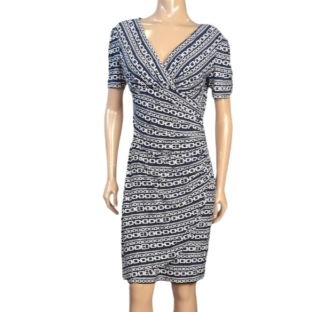 Jones&Co Navy Short Sleeve Sheath Dress Womens Size 10 Chain Surplice Wrap